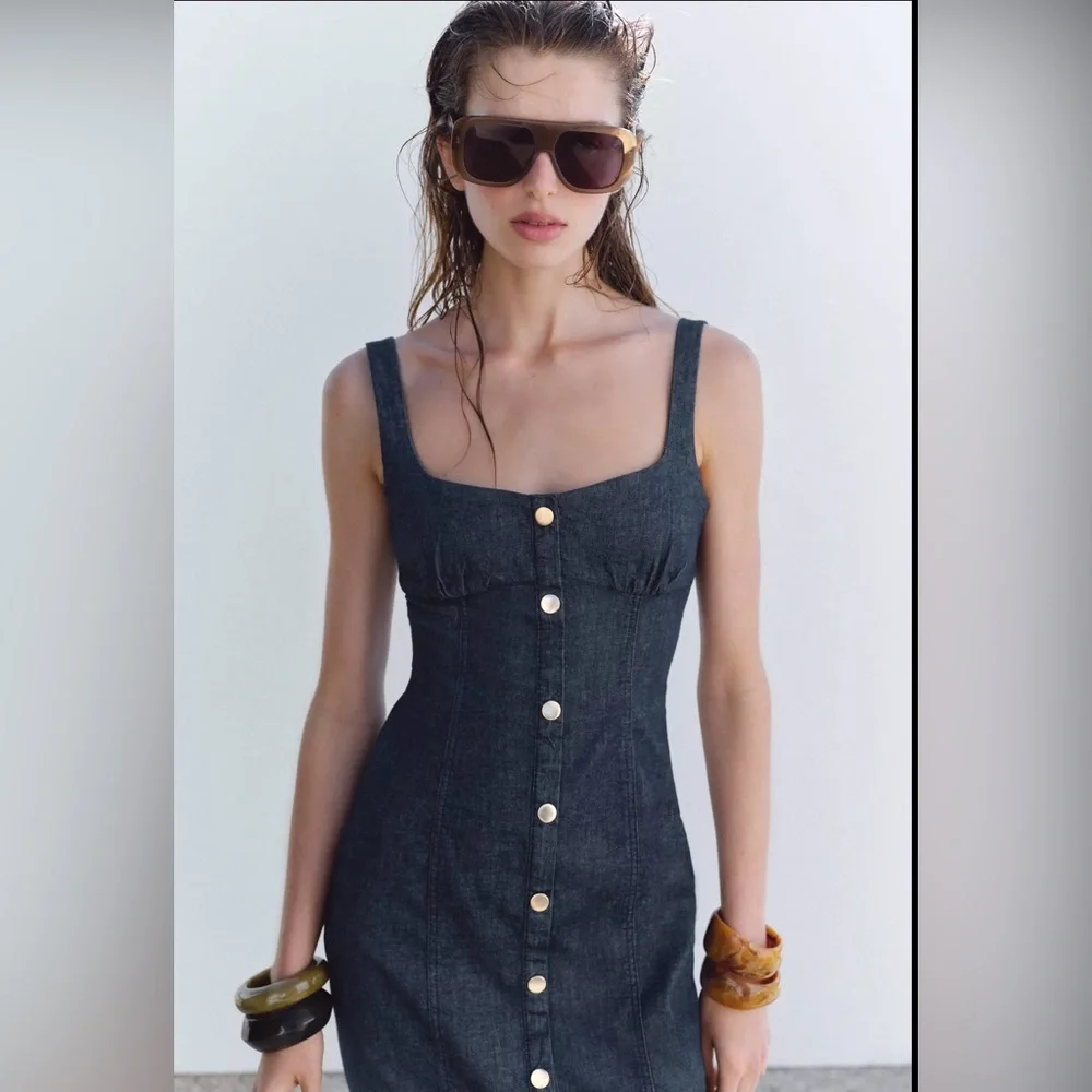 Zara Black Denim Midi Dress - Picture 3 of 9